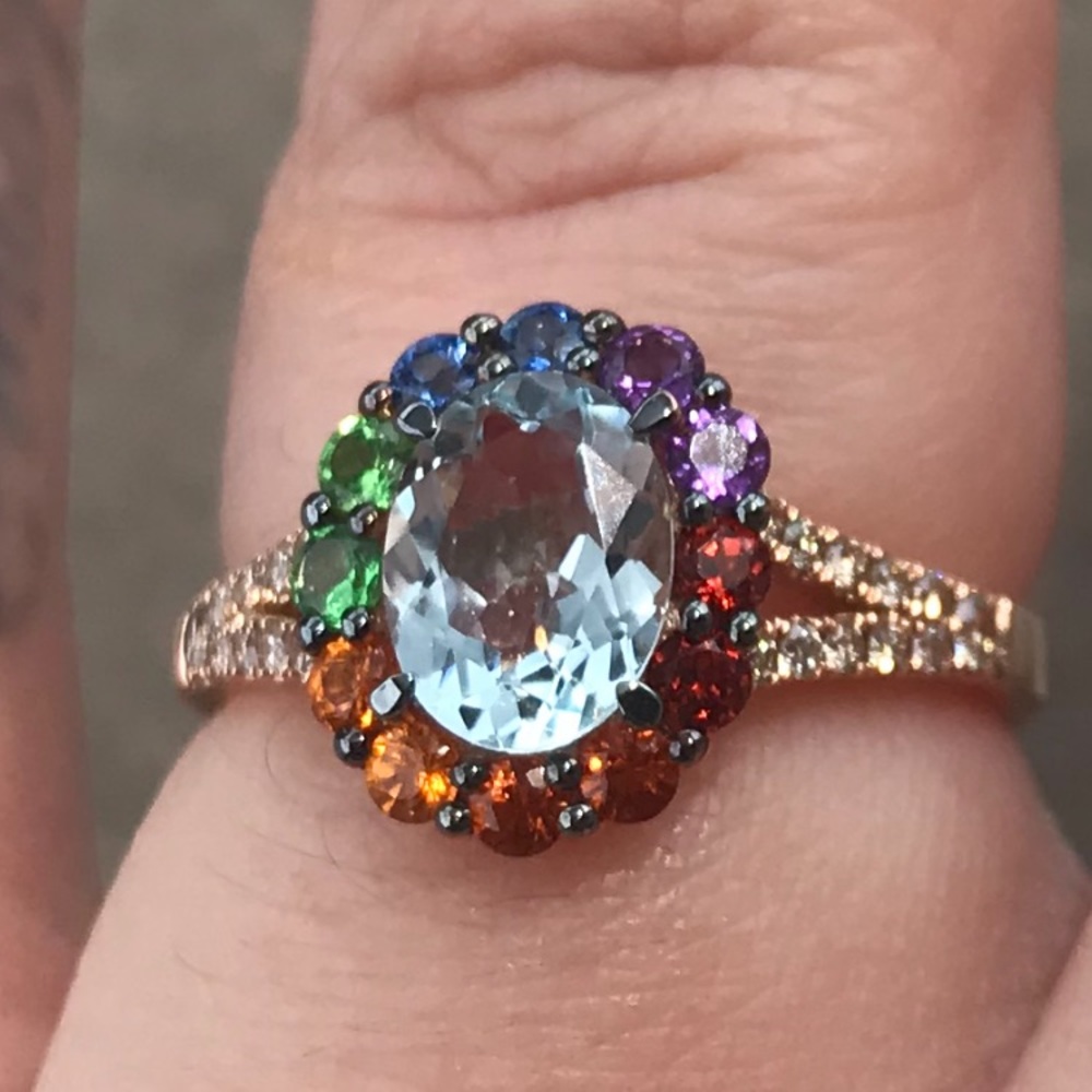 14k 🌈 aquamarine, multi gemstone, diamond ring